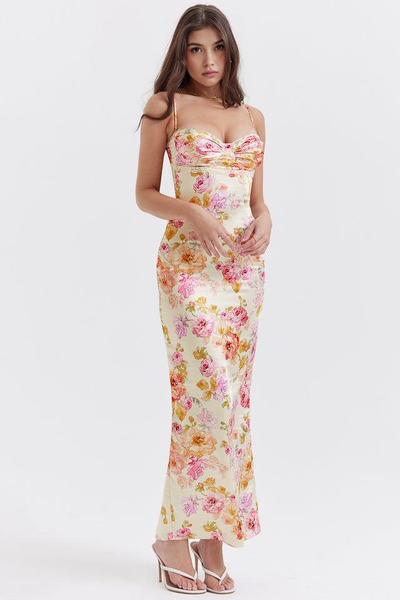 ELENA| Vestido Largo de Satén con Estampado Floral  – Chic de Verano