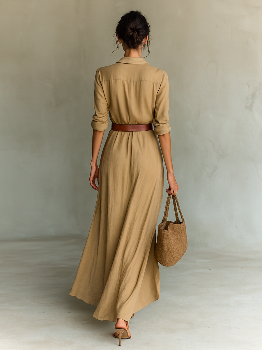 ALBA| Vestido Maxi Largo con Cuello de Solapa y Cintura Incluida