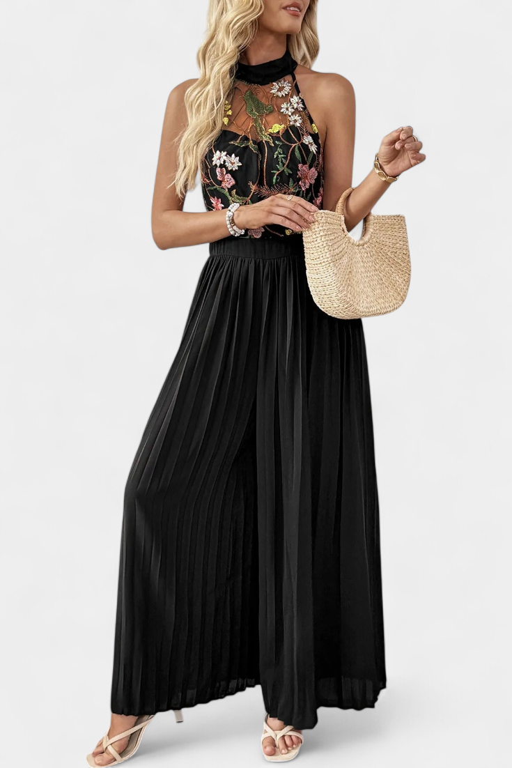 MARU| Mono Palazzo con Bordado Floral y Encaje Transparente