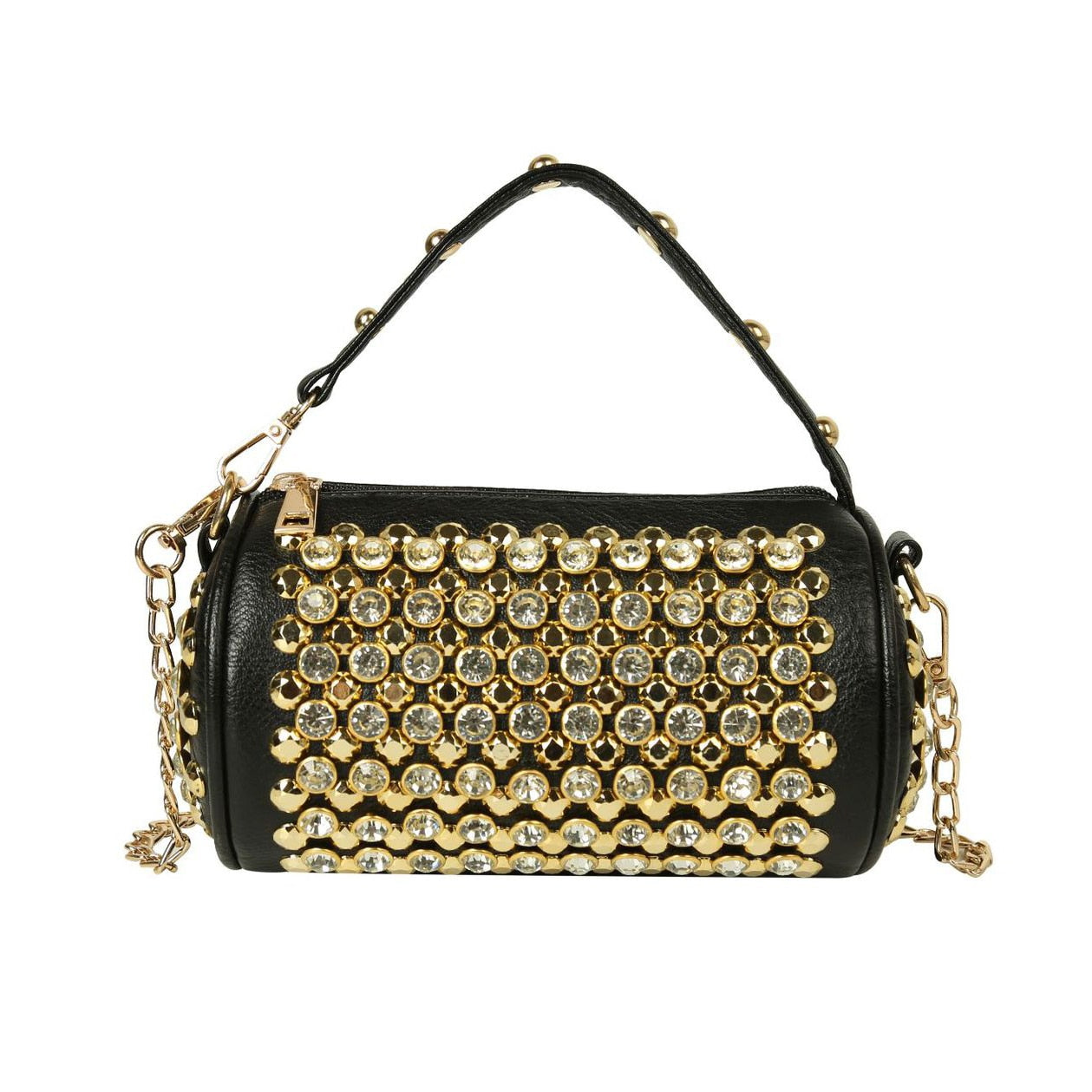 Bolso bandolera mediano, con remaches de diamantes de imitación y eslogan