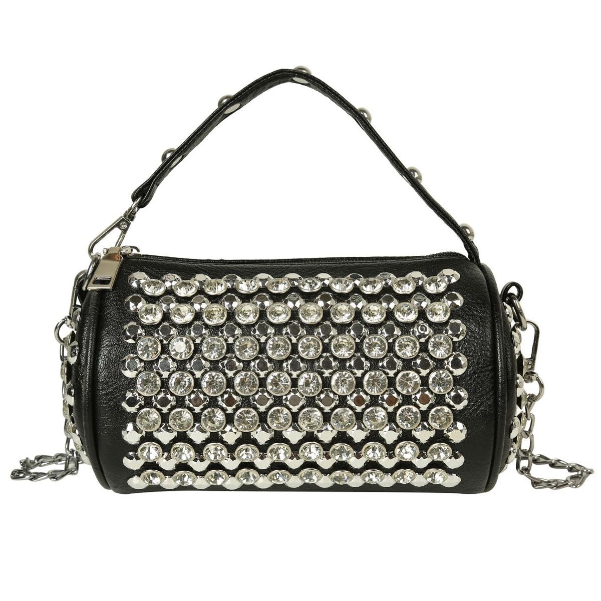 Bolso bandolera mediano, con remaches de diamantes de imitación y eslogan
