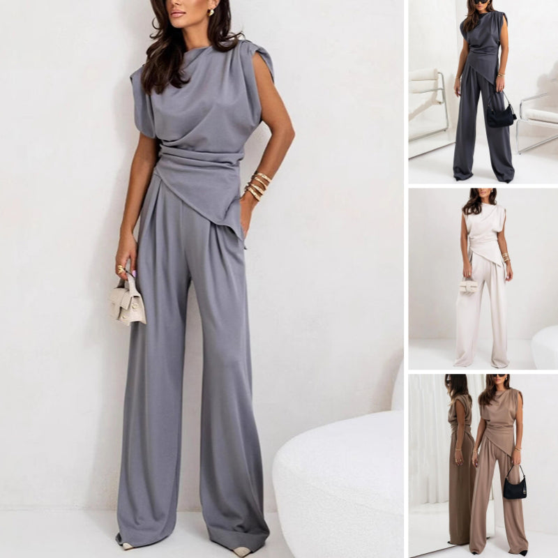 ANDREA| Conjunto elegante de mujer con drapeado sofisticado y pantalones fluidos .