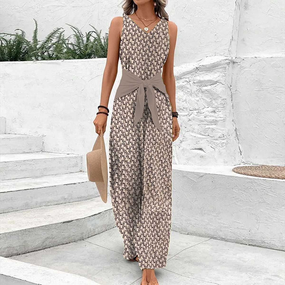 JULIA| Mono Estampado sin Mangas con Cinturón Frontal – Estilo Casual Chic