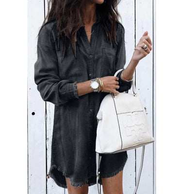 MARTA|Vestido camisero vaquero - Corte holgado - Manga larga - Dobladillo sin rematar