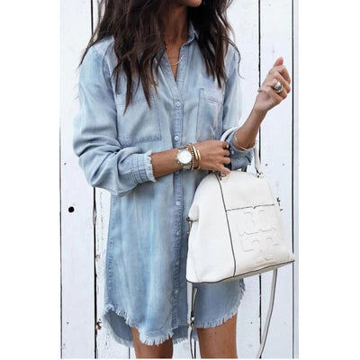 MARTA|Vestido camisero vaquero - Corte holgado - Manga larga - Dobladillo sin rematar