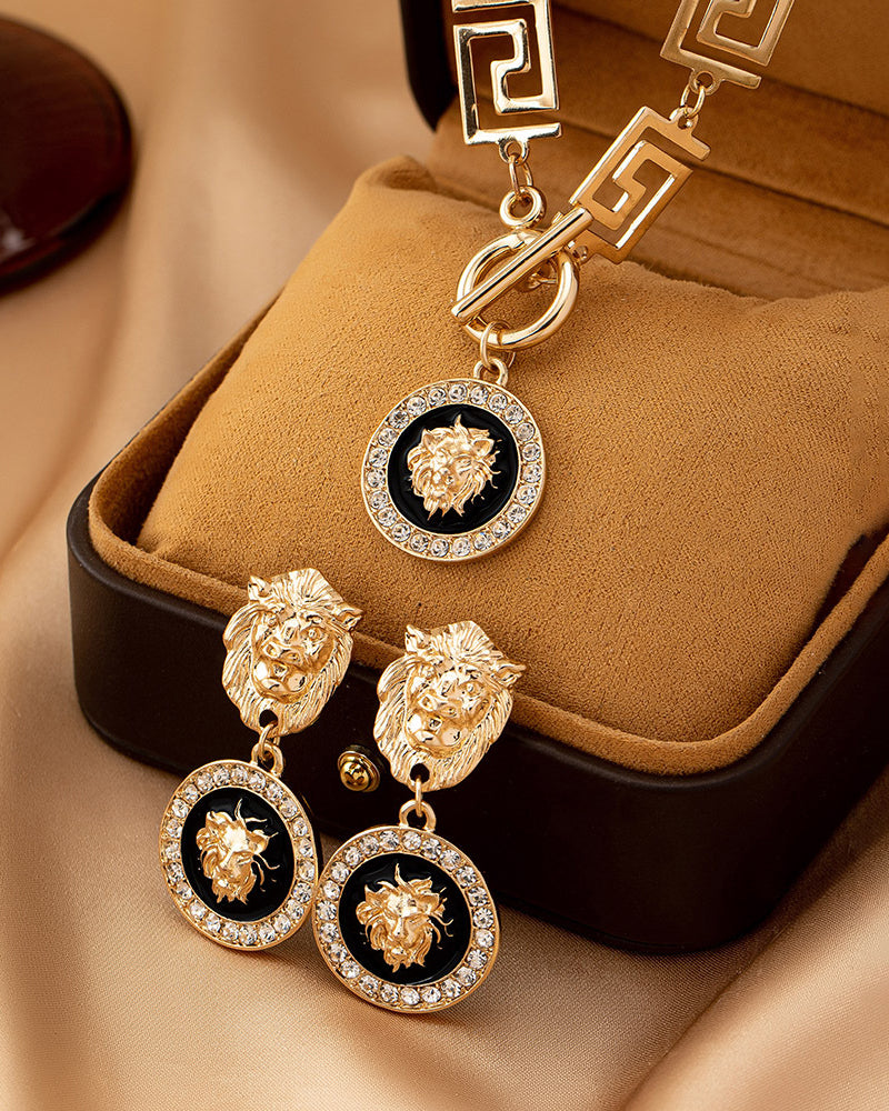 Conjunto de collar y pendientes con cabeza de león vintage